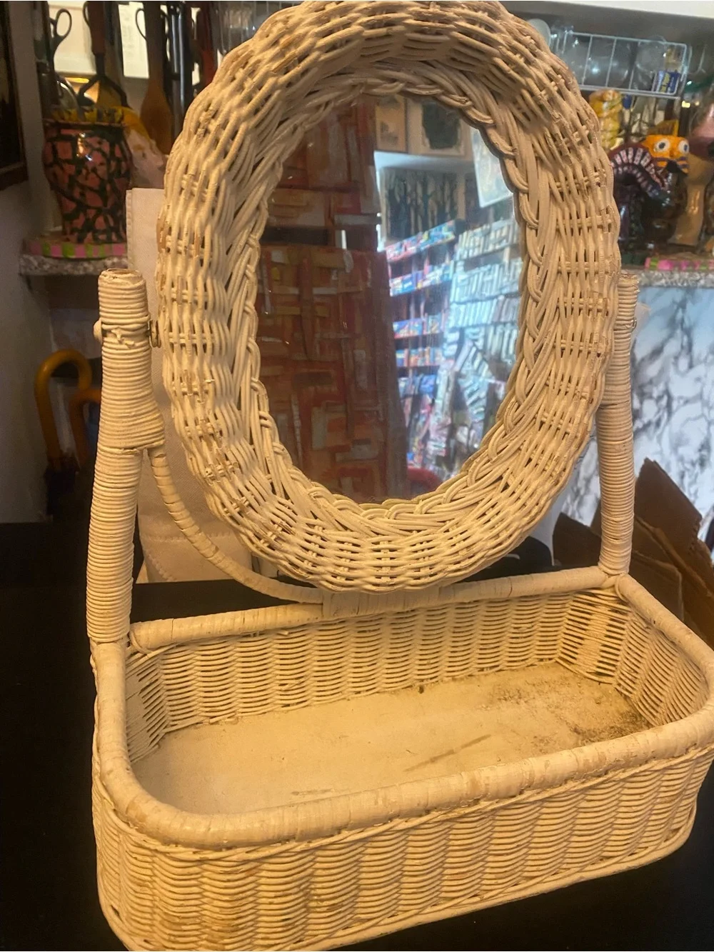 Vintage 1980s wicker vanity makeup mirror topper.